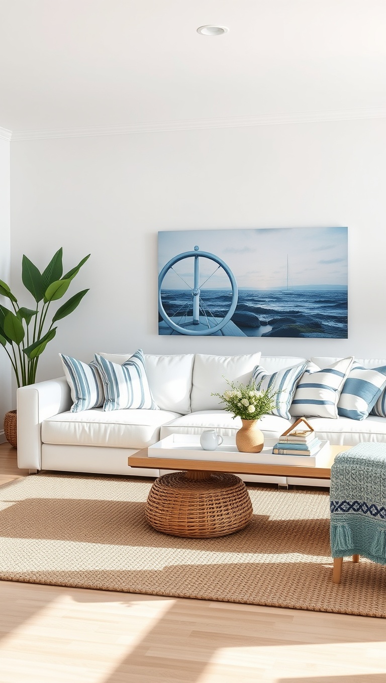 20 Bright and Breezy Ideas for Your White Couch Living Room - 13. Infuse a Coastal Vibe: Nautical Accessories