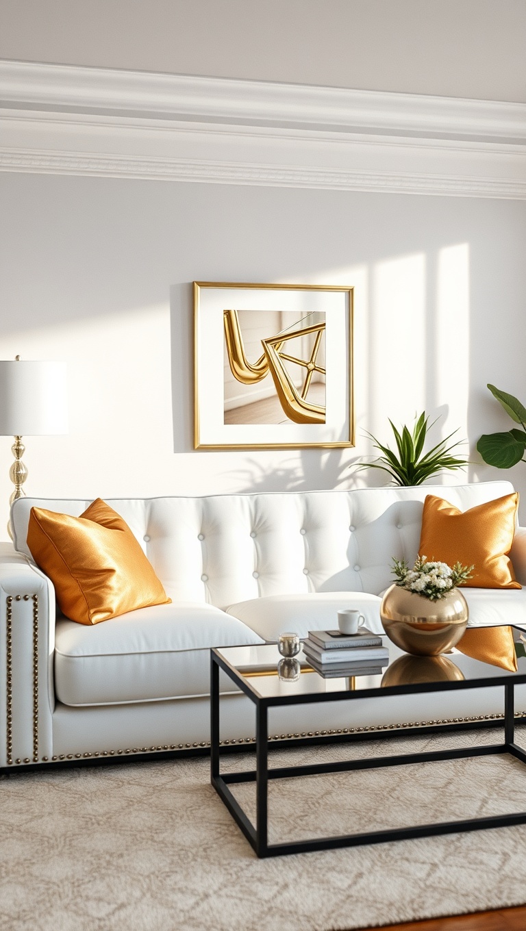20 Bright and Breezy Ideas for Your White Couch Living Room - 12. Introduce Metallics: Gold and Silver Accents