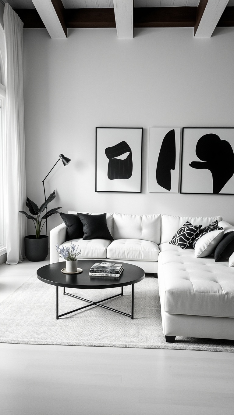 20 Bright and Breezy Ideas for Your White Couch Living Room - 14. Add a Pop of Black: Balance with Dark Elements