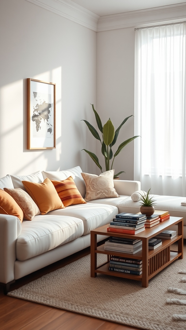 20 Bright and Breezy Ideas for Your White Couch Living Room - 20. Accessorize with Books: Stylish and Smart Decor