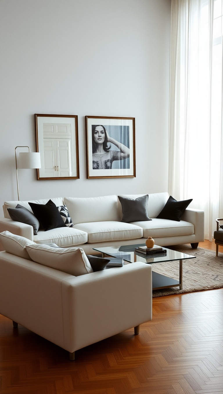 20 Bright and Breezy Ideas for Your White Couch Living Room - 19. Use Mirrors: Expand Your Space Visually