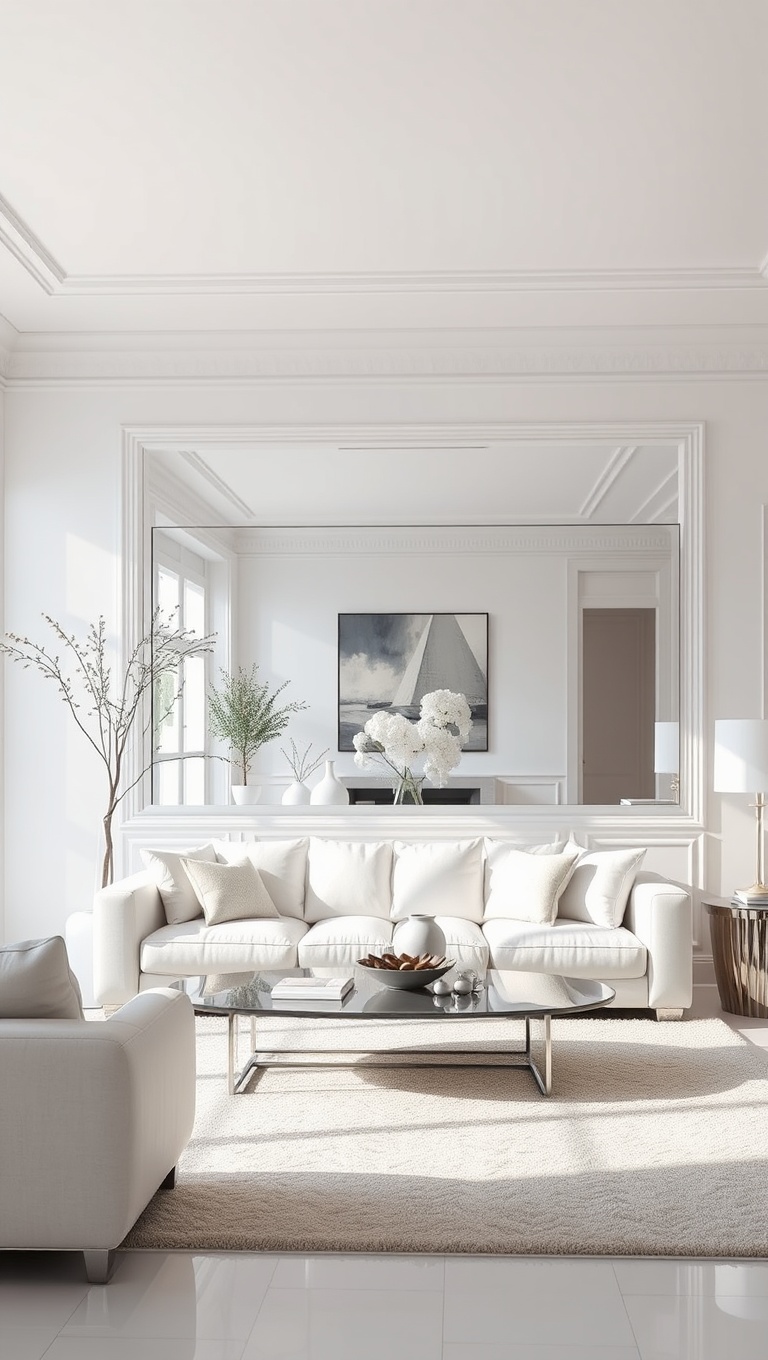 20 Stunning Ideas to Elevate Your White Living Room - 15. Mirror Magic: Reflecting Light and Space