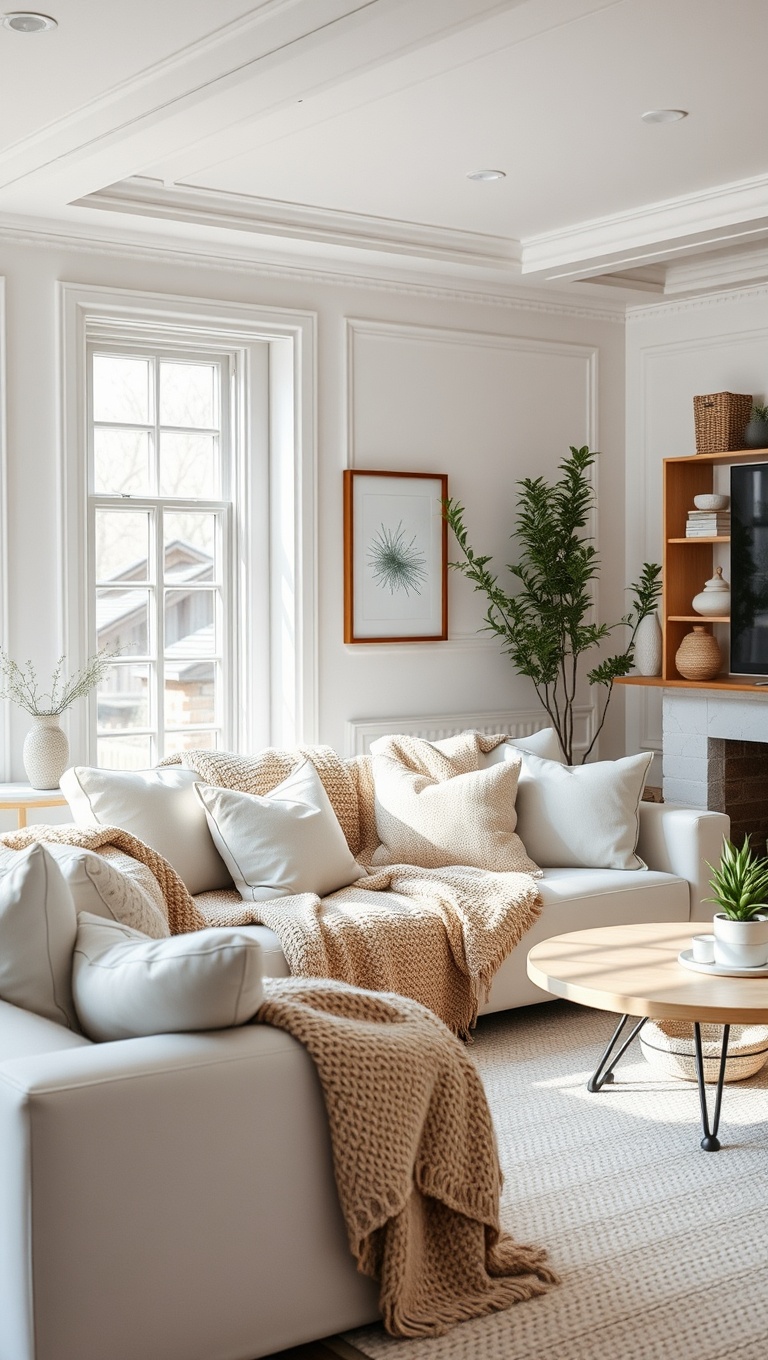 20 Stunning Ideas to Elevate Your White Living Room - 10. Cozy Throws: Snuggle Up with Soft Textiles