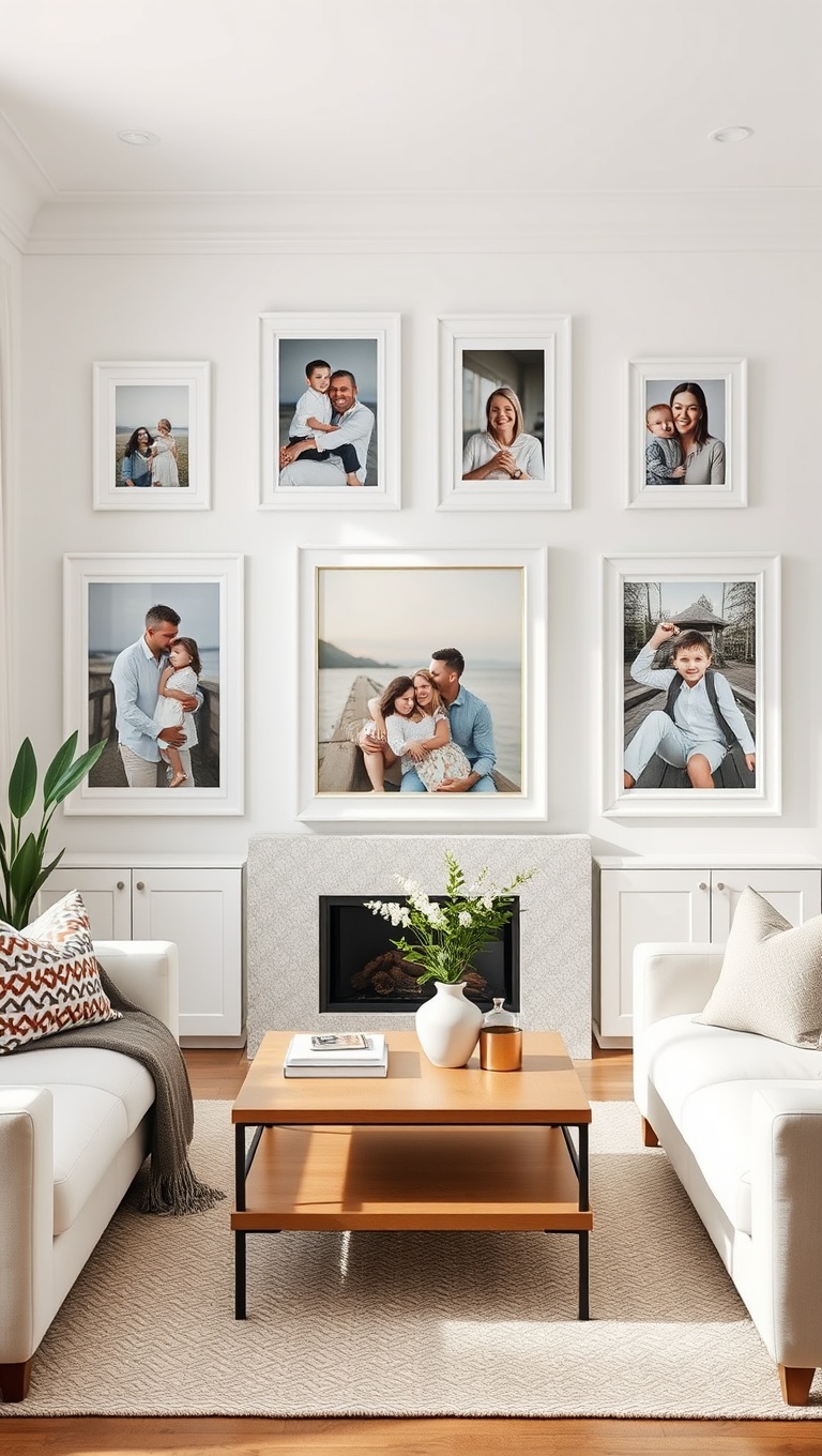 20 Stunning Ideas to Elevate Your White Living Room - Personal Touch: Family Photos in White Frames