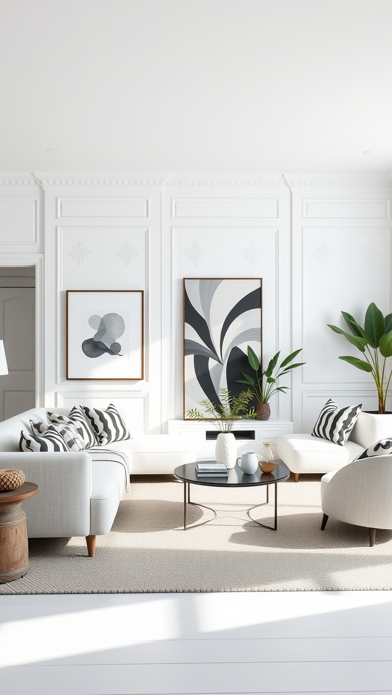 20 Stunning Ideas to Elevate Your White Living Room - 14. Play with Patterns: Stripes and Geometrics