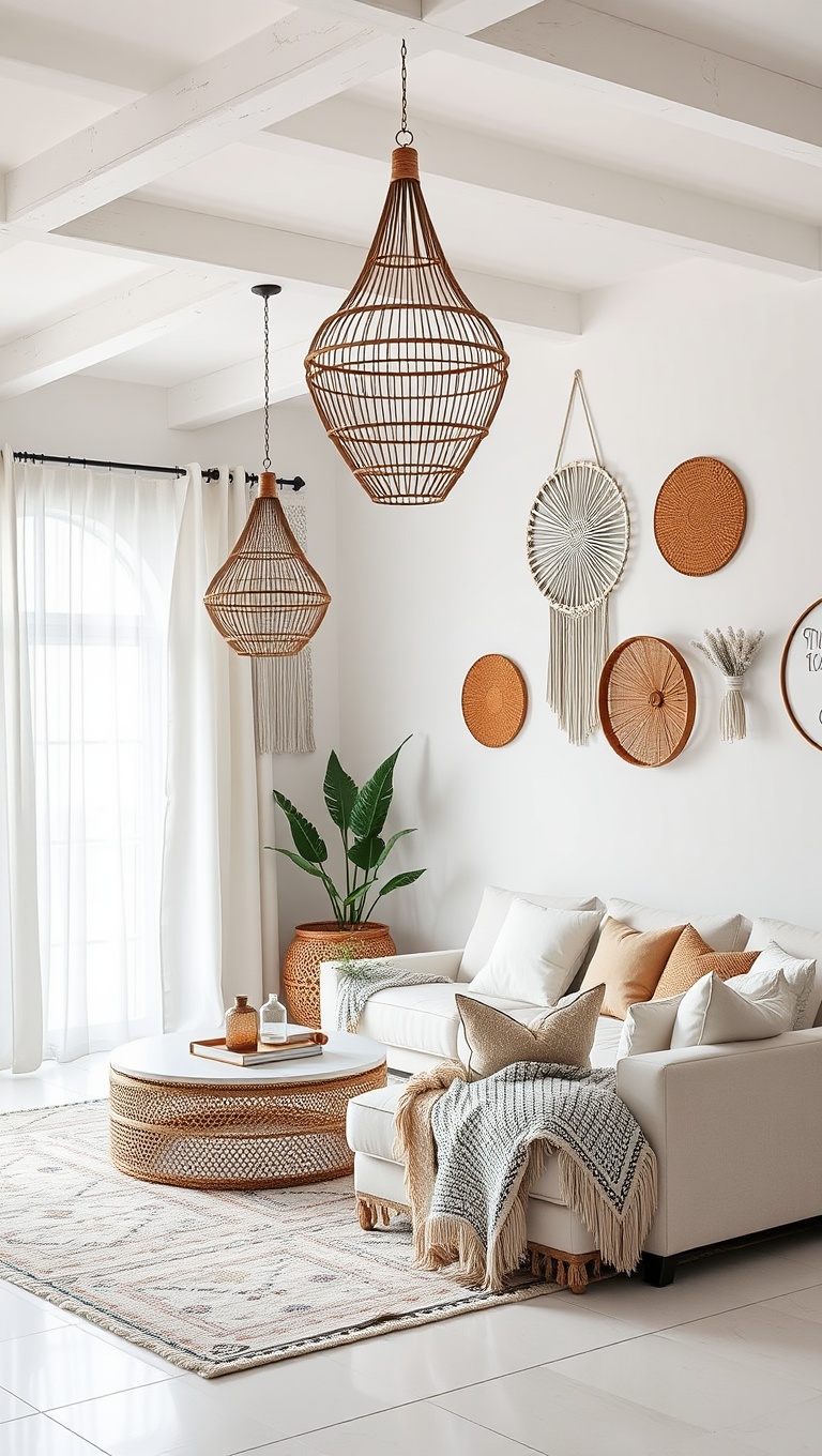20 Stunning Ideas to Elevate Your White Living Room - 3. Go Boho: Incorporating Macramé and Woven Decor