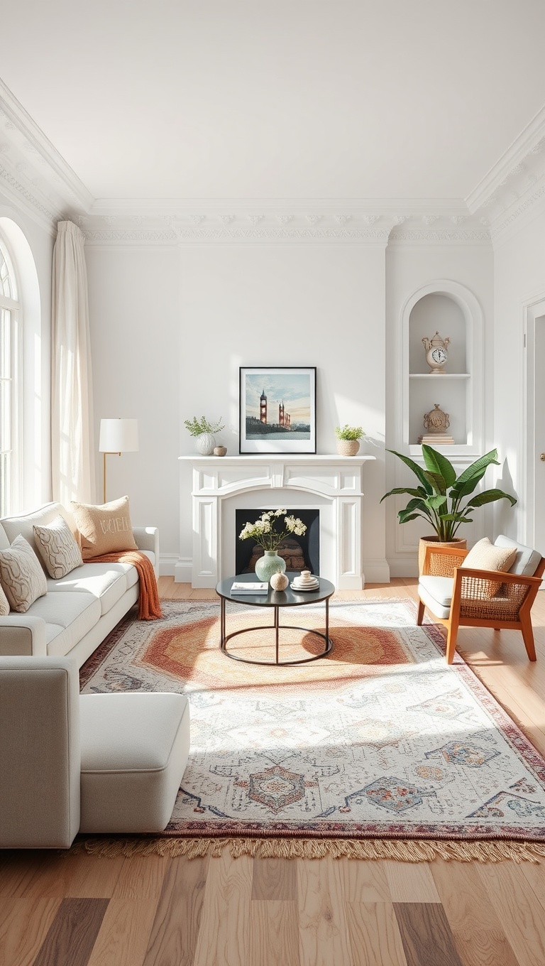 20 Stunning Ideas to Elevate Your White Living Room - 18. Layered Rugs: Adding Warmth and Style