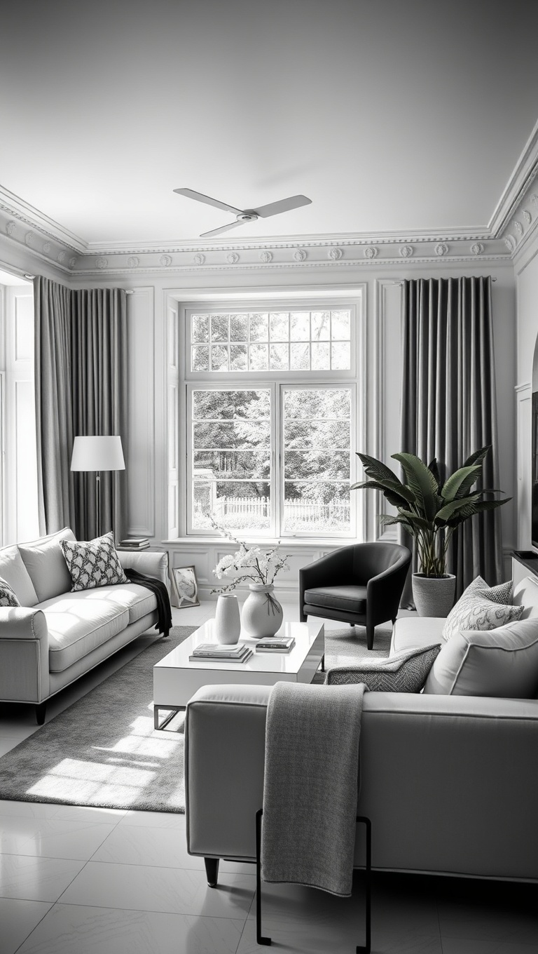 20 Stunning Ideas to Elevate Your White Living Room - 6. Chic Monochrome: Black and White Contrast
