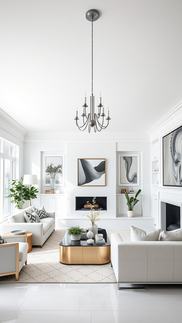 20 Stunning Ideas to Elevate Your White Living Room - 11. Elegant Lighting: Fixtures That Wow