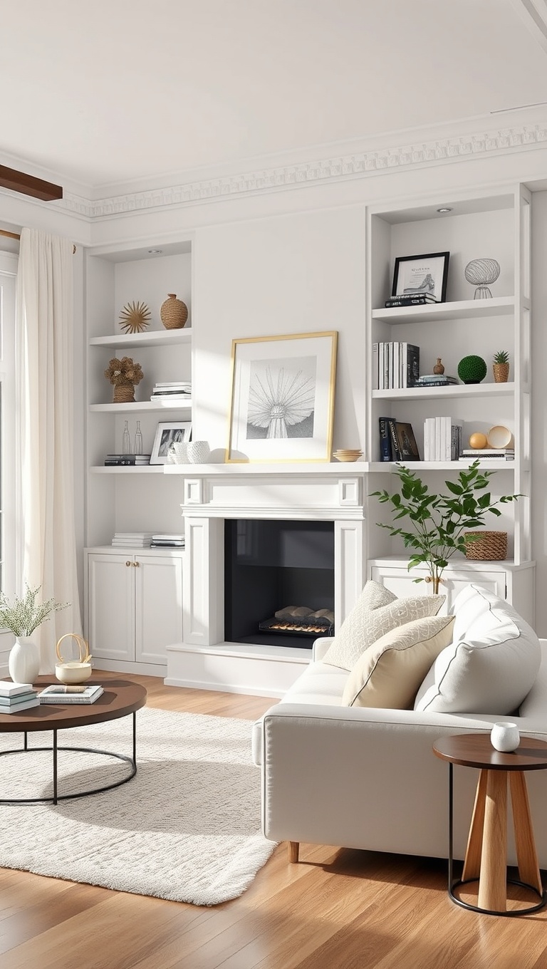 20 Stunning Ideas to Elevate Your White Living Room - 16. Stylish Shelving: Displaying Treasures Beautifully