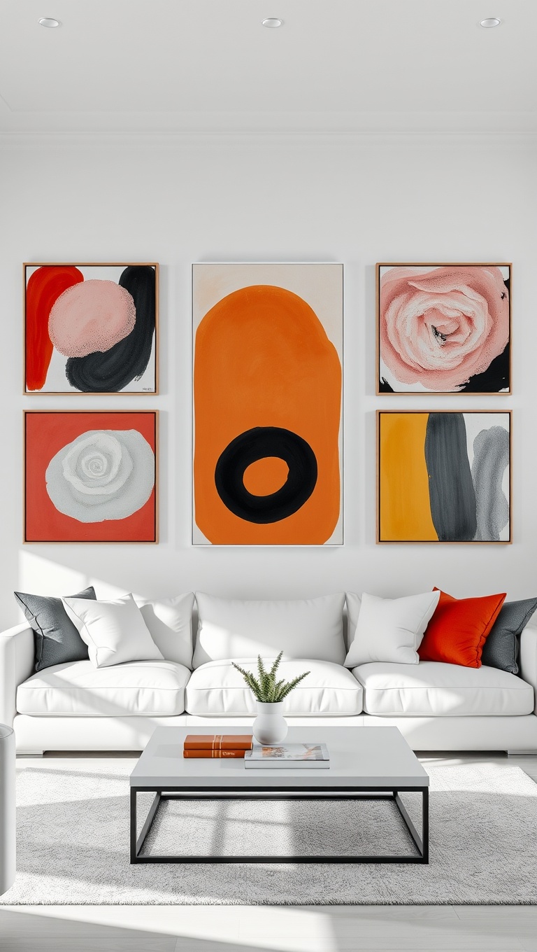 20 Stunning Ideas to Elevate Your White Living Room - 9. Statement Art: Bold Paintings Against a White Canvas