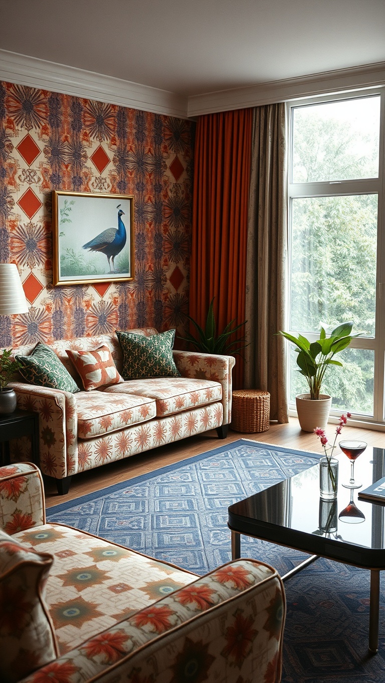 25 Groovy Ideas to Transform Your Living Room into a 70s Paradise! - 2. Retro Patterns: Peacocks and Geometric Shapes
