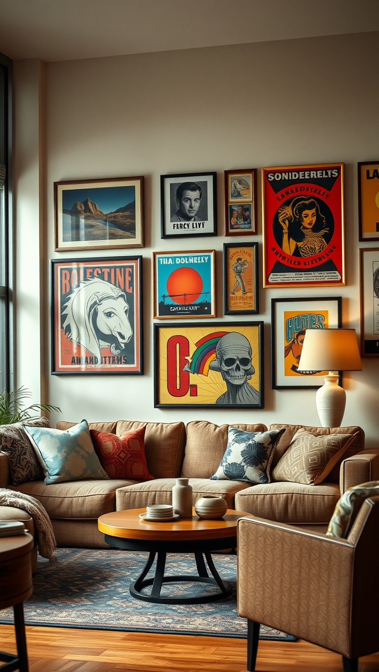 25 Groovy Ideas to Transform Your Living Room into a 70s Paradise! - 20. Retro Wall Art and Posters