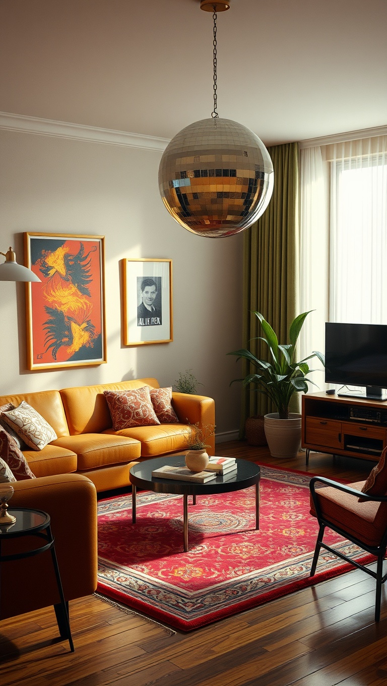 25 Groovy Ideas to Transform Your Living Room into a 70s Paradise! - 19. Incorporating Disco Balls