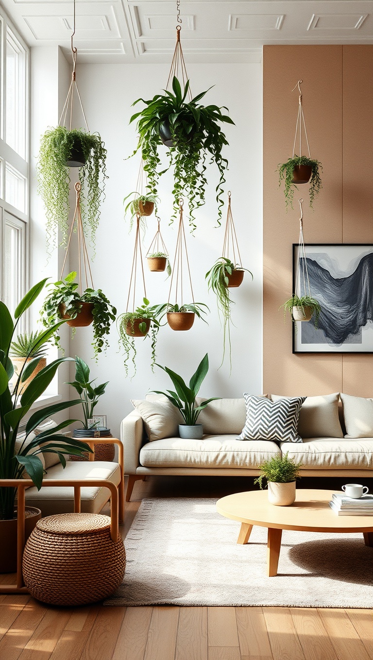 25 Bright Ideas to Create an Airy Living Room - 22. Hang Plants for Vertical Interest