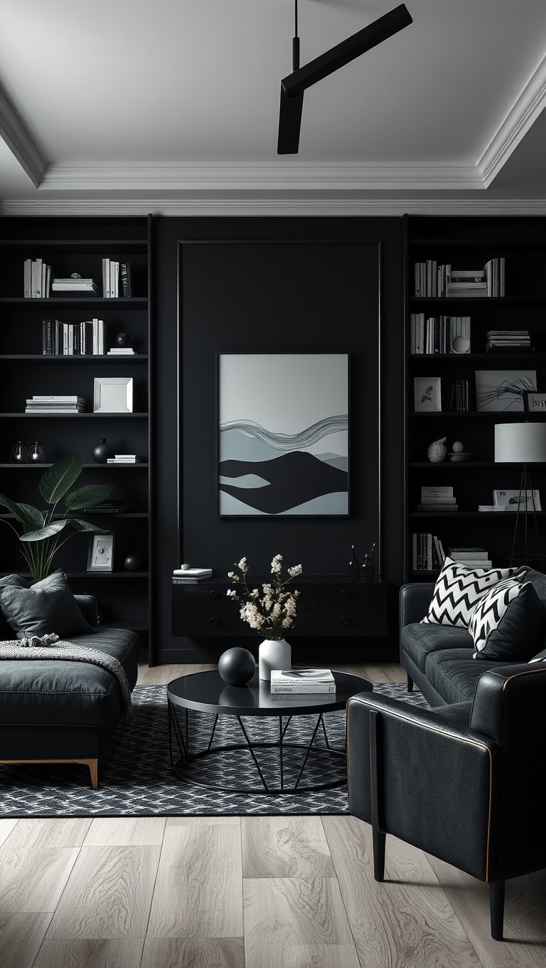 25 Stunning Ideas to Transform Your Black Living Room - 11. Opt for Monochrome Decor