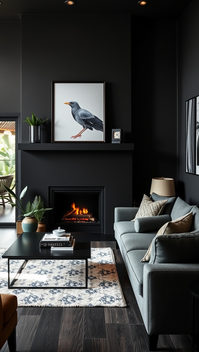 25 Stunning Ideas to Transform Your Black Living Room - 24. Incorporate a Black Fireplace for Warmth