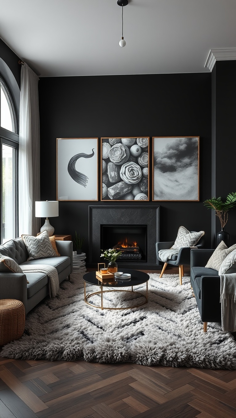 25 Stunning Ideas to Transform Your Black Living Room - Layer Textures with Plush Rugs and Throws