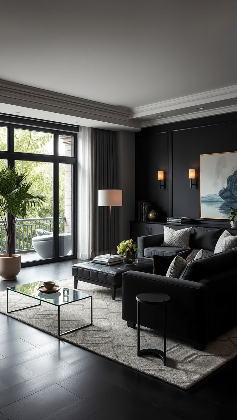 25 Stunning Ideas to Transform Your Black Living Room - 22. Use Wall Sconces for Soft Lighting