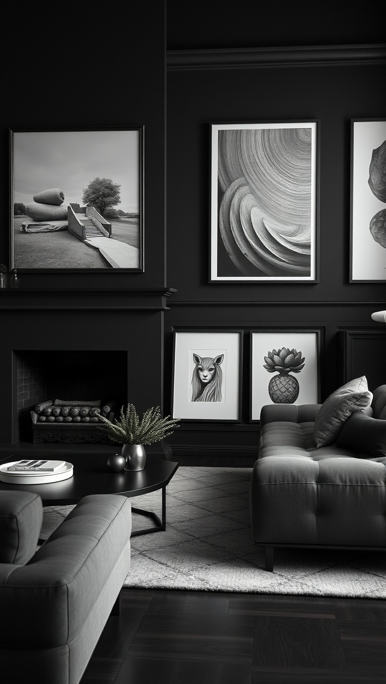 25 Stunning Ideas to Transform Your Black Living Room - 10. Highlight Artwork Against Black Walls
