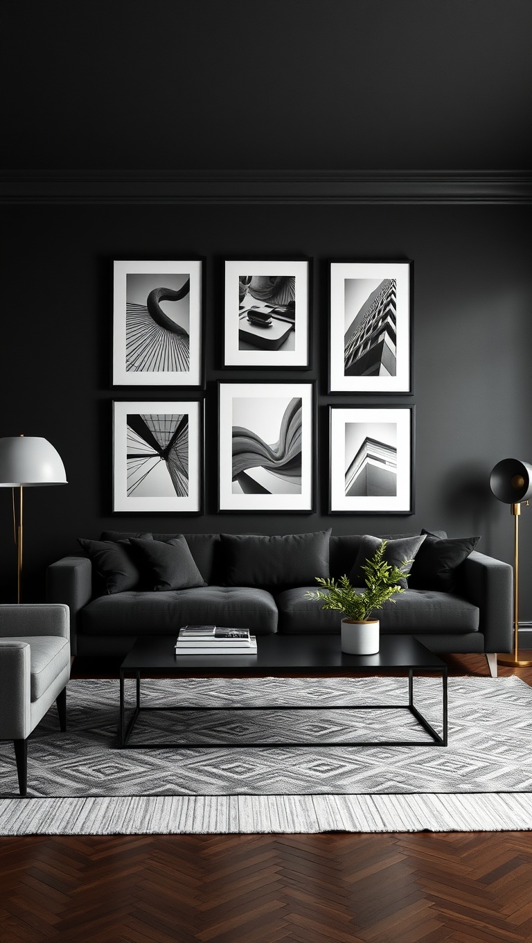 25 Stunning Ideas to Transform Your Black Living Room - 3. Create a Gallery Wall with Black Frames