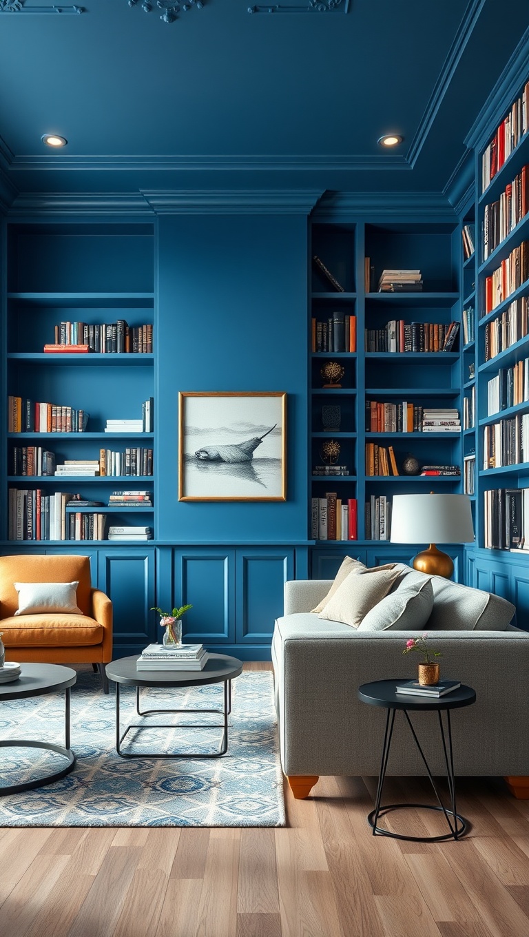 25 Gorgeous Ideas and Inspirations for Blue Living Rooms That Will Make You Smile - 14. Wall-to-Wall Blue Bookshelves: For Book Lovers
