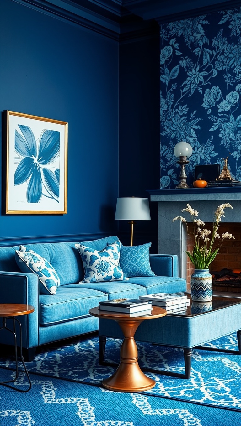 25 Gorgeous Ideas and Inspirations for Blue Living Rooms That Will Make You Smile - 11. Mixing Patterns: Blue Floral Meets Geometric