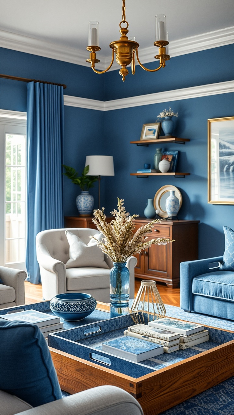 25 Gorgeous Ideas and Inspirations for Blue Living Rooms That Will Make You Smile - 22. Blue Decorative Trays: Stylish Organization