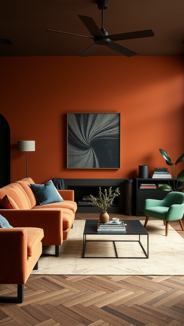 25 Stunning Ideas to Transform Your Living Room with Burnt Sienna Magic - Bold Contrast: Use Deep Blues and Greens