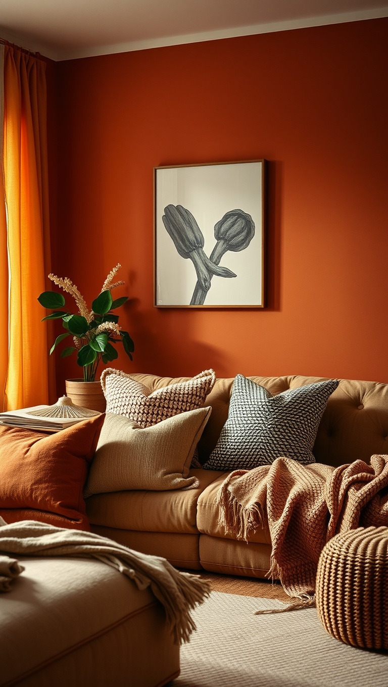 25 Stunning Ideas to Transform Your Living Room with Burnt Sienna Magic - Cozy Textiles: Throw Pillows and Blankets