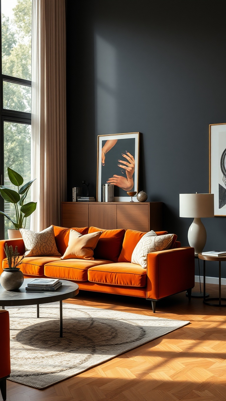 25 Stunning Ideas to Transform Your Living Room with Burnt Sienna Magic - 20. Statement Pieces: A Bold Burnt Sienna Sofa