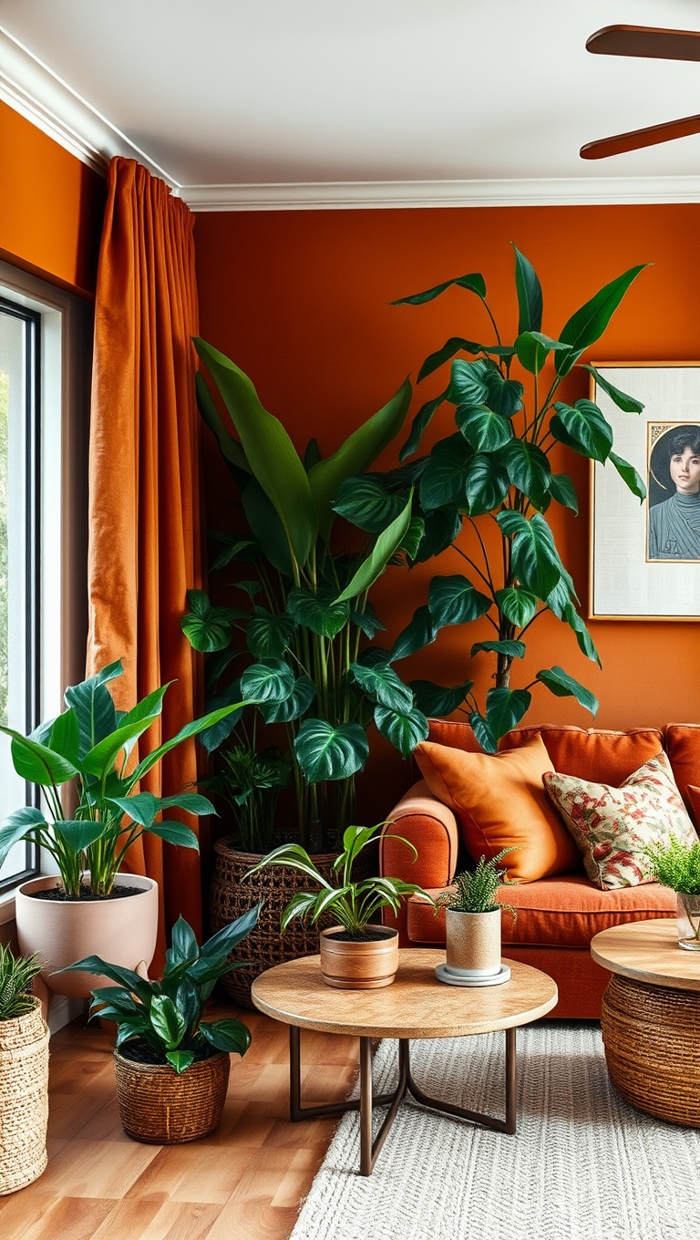 25 Stunning Ideas to Transform Your Living Room with Burnt Sienna Magic - 10. Botanical Bliss: Houseplants in Burnt Sienna Decor