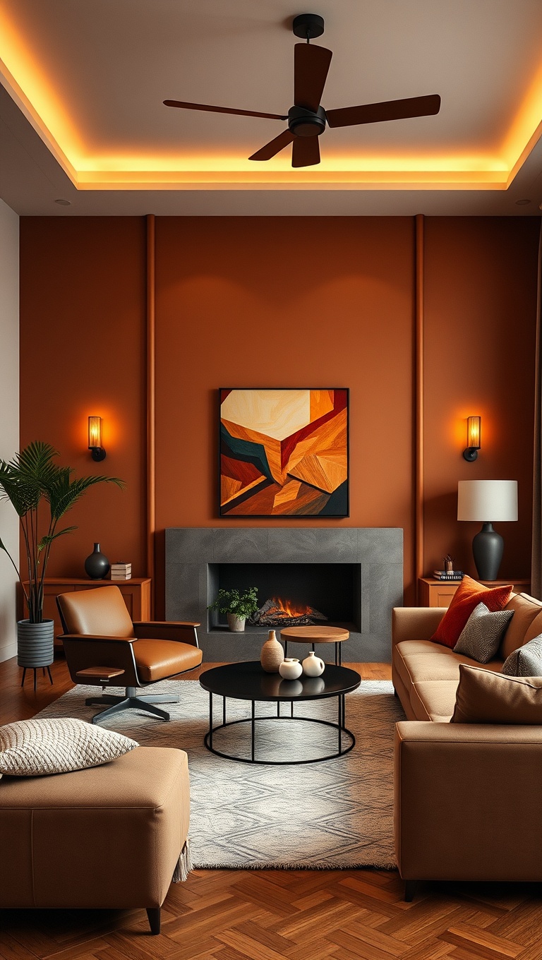 25 Stunning Ideas to Transform Your Living Room with Burnt Sienna Magic - 9. Lighting Magic: Warm Light Fixtures