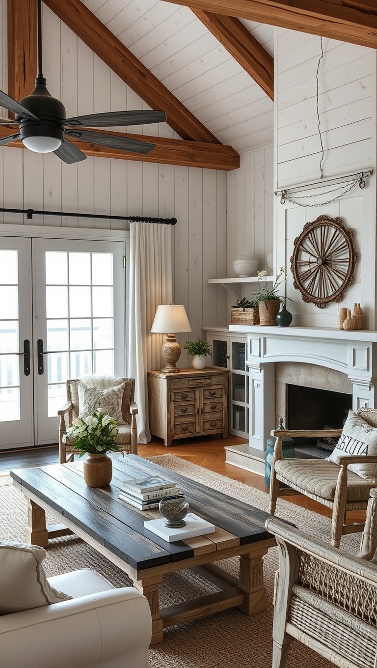 25 Coastal Living Room Ideas That Bring the Beach to You - 3. Weathered Wood Furniture for Charm