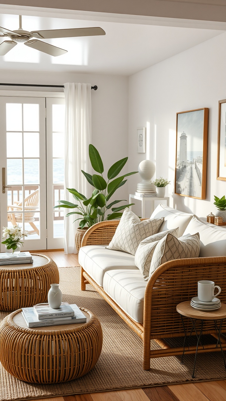 25 Coastal Living Room Ideas That Bring the Beach to You - 8. Rattan and Wicker for a Natural Touch