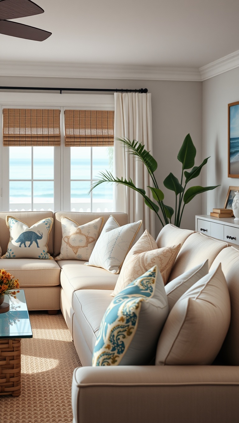 25 Coastal Living Room Ideas That Bring the Beach to You - 4. Beach-Inspired Throw Pillows