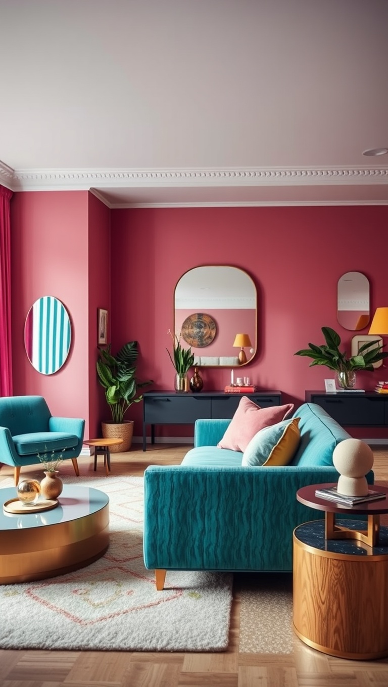 25 Vibrant Ideas to Transform Your Living Room into a Colorful Oasis - 19. Creative Use of Colorful Mirrors