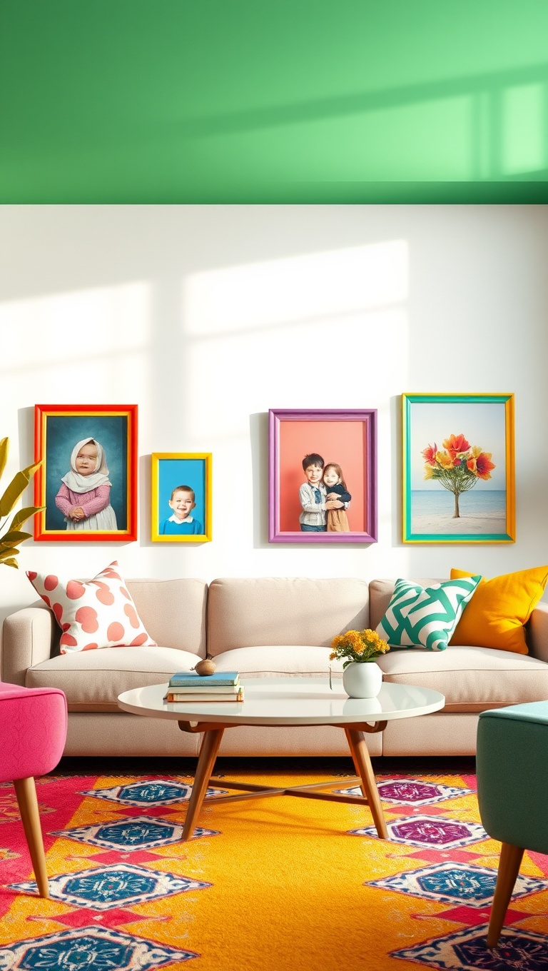 25 Vibrant Ideas to Transform Your Living Room into a Colorful Oasis - 15. Use of Colorful Frames for Family Photos