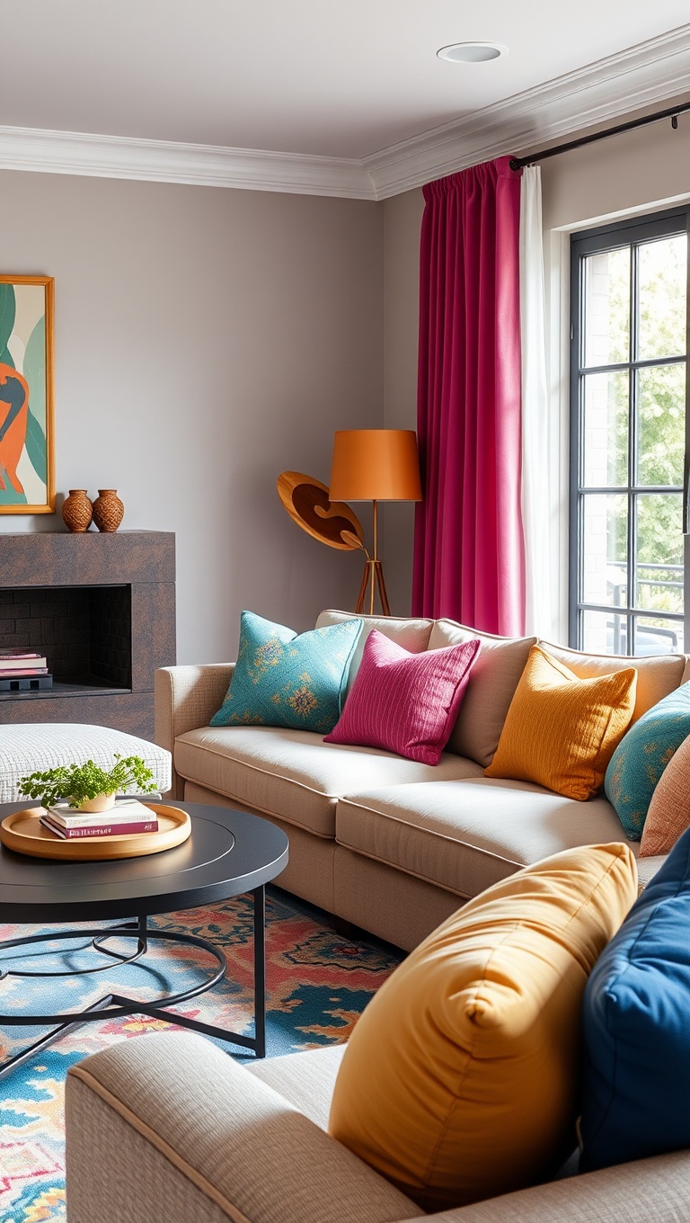 25 Vibrant Ideas to Transform Your Living Room into a Colorful Oasis - 2. Colorful Throw Pillows for a Cozy Touch