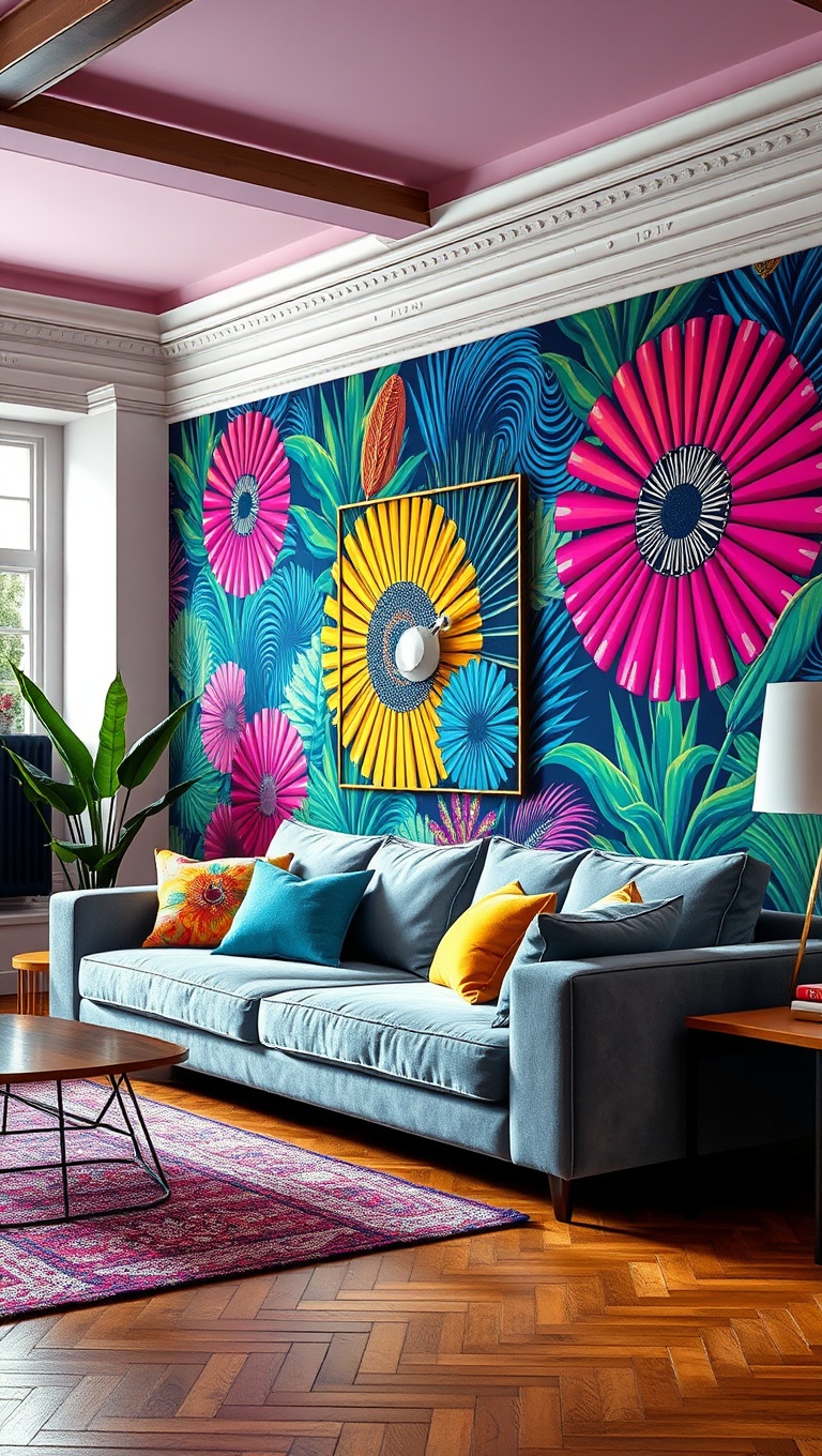 25 Vibrant Ideas to Transform Your Living Room into a Colorful Oasis - 18. Vibrant Wallpaper for Instant Charm