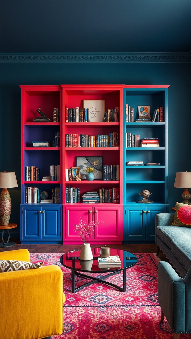 25 Vibrant Ideas to Transform Your Living Room into a Colorful Oasis - 8. Colorful Bookshelves as a Focal Point