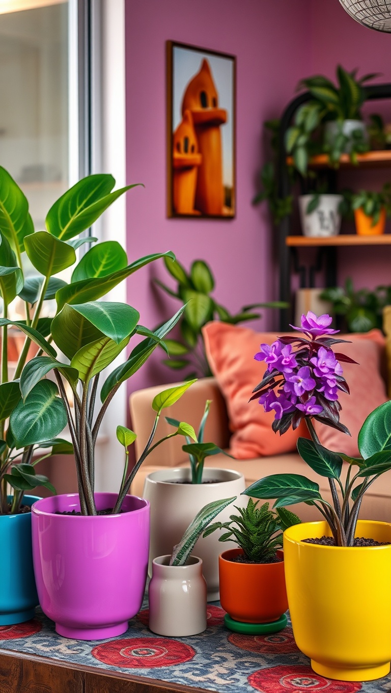 25 Vibrant Ideas to Transform Your Living Room into a Colorful Oasis - 13. Whimsical Indoor Plants with Colorful Pots