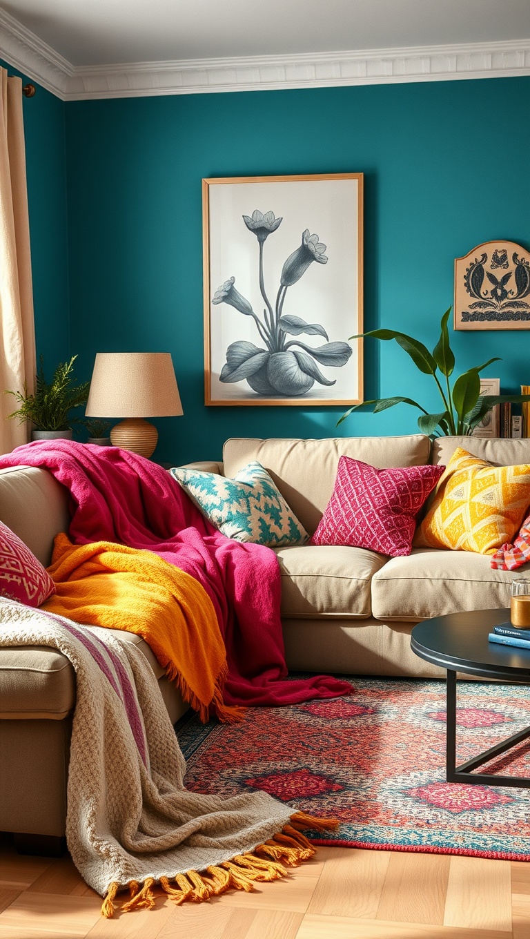 25 Vibrant Ideas to Transform Your Living Room into a Colorful Oasis - 14. Brightening Up with Colorful Throws and Blankets