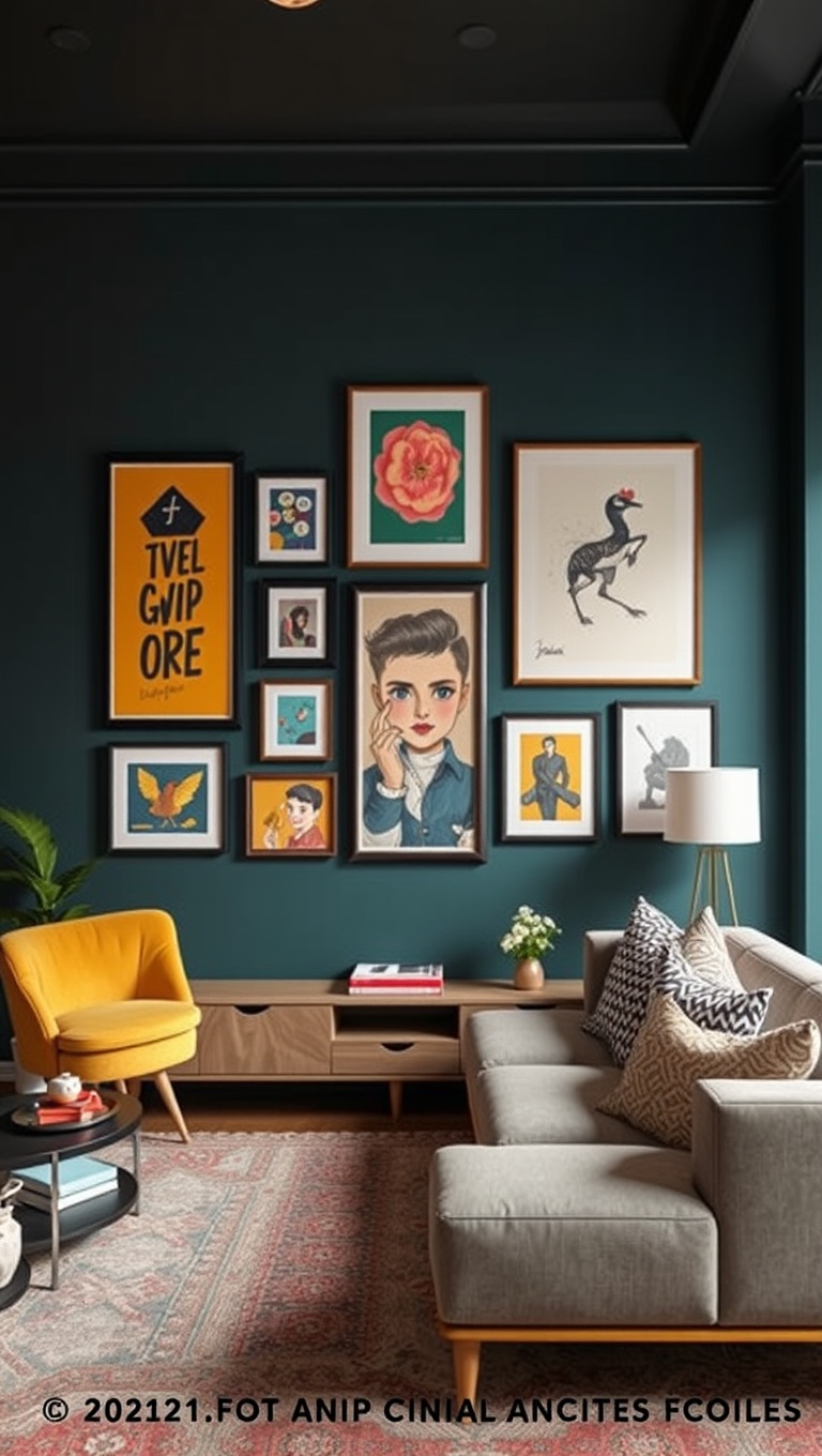 25 Vibrant Ideas to Transform Your Living Room into a Colorful Oasis - 9. Eclectic Gallery Wall with Personal Touches
