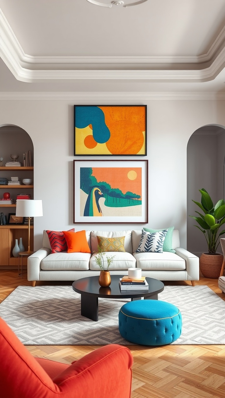 25 Vibrant Ideas to Transform Your Living Room into a Colorful Oasis - 4. Playful Wall Art to Make a Statement
