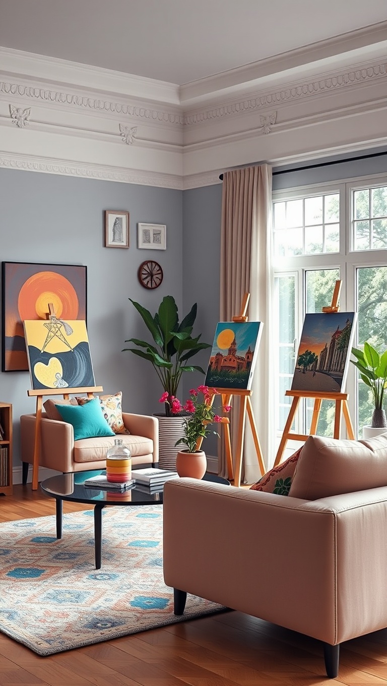 25 Vibrant Ideas to Transform Your Living Room into a Colorful Oasis - 20. A Splash of Color with Artwork on Easels
