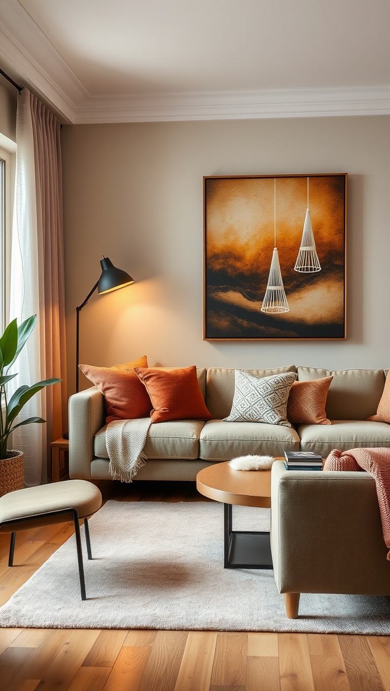 25 Cozy Living Room Ideas to Create Your Perfect Retreat - Statement Art: Hang Warm, Inviting Artwork