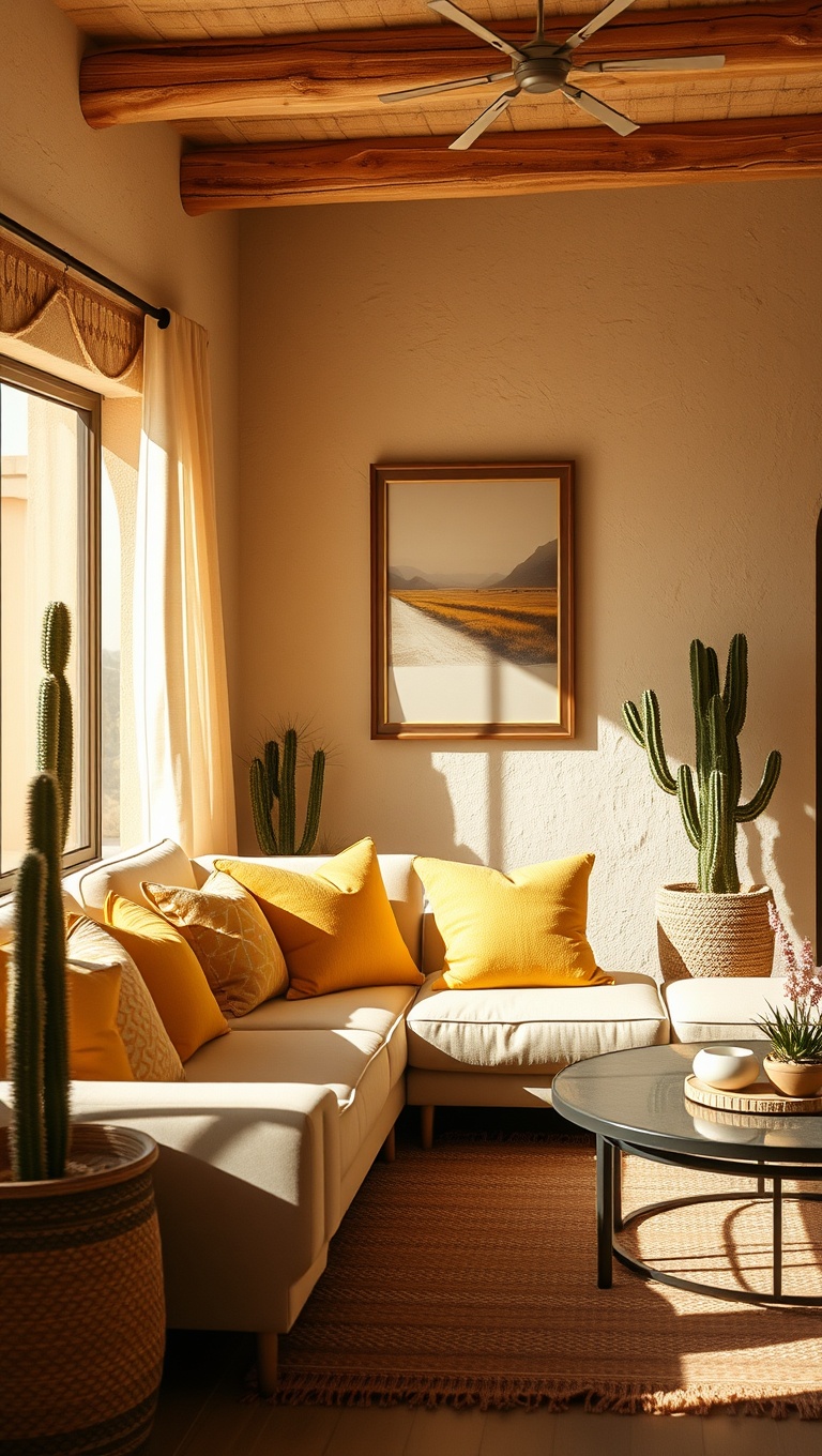 25 Stunning Ideas for a Desert-Inspired Living Room - 4. Brighten Up with Sun-Kissed Yellow Pillows