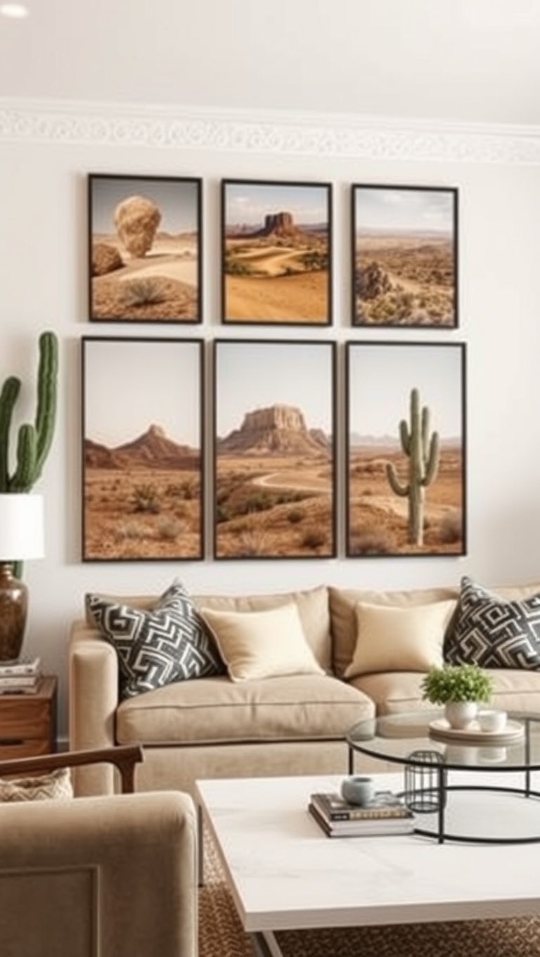 25 Stunning Ideas for a Desert-Inspired Living Room - 12. Create a Gallery Wall of Desert Landscapes