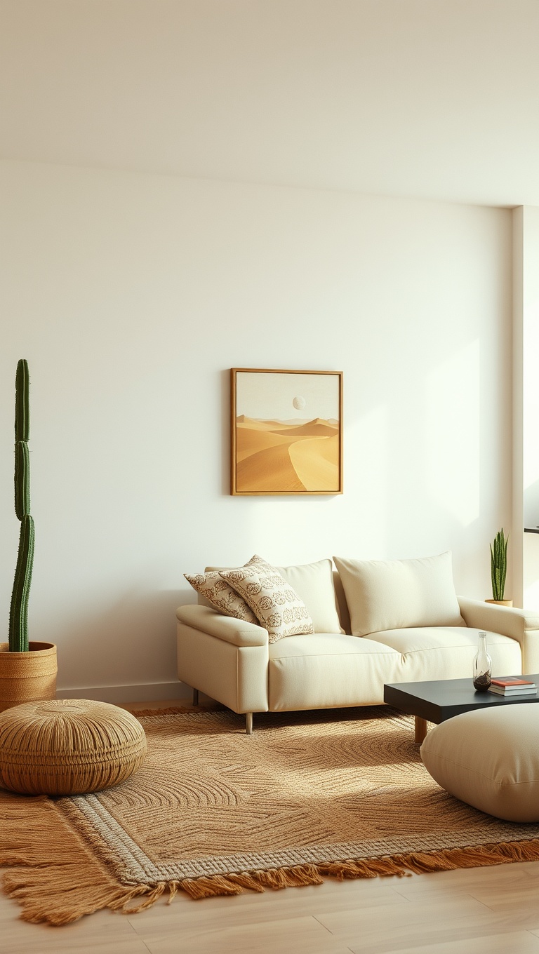 25 Stunning Ideas for a Desert-Inspired Living Room - 2. Layer Textures with Woven Rugs